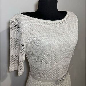 Sharagano Noir Womens Ivory Lace Lined Belted Stretch Short Sleeve Dress Size 10